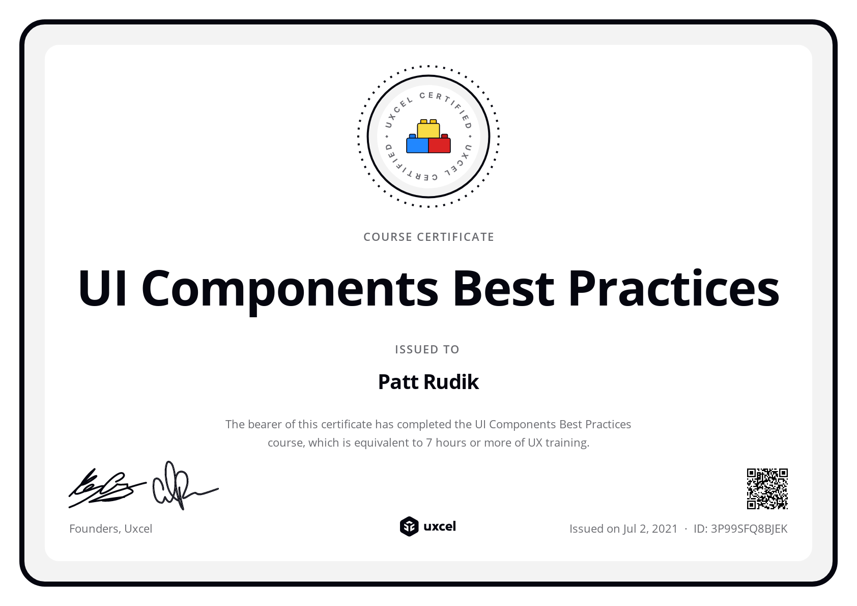 Patt Rudik's certificate